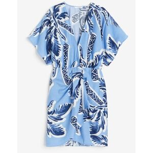H&M Blue Tropical Palm Print V Neck Mini Wrap Dress Med Resort Beach Boho Chic
